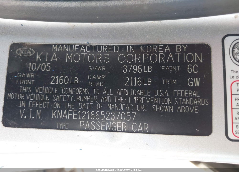 2006 KIA SPECTRA EX/LX/SX VIN: KNAFE121665237057