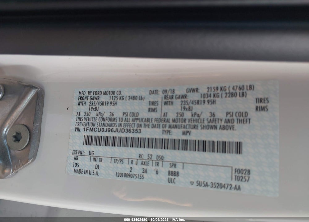 2018 FORD ESCAPE VIN: 1FMCU0J96JUD36353