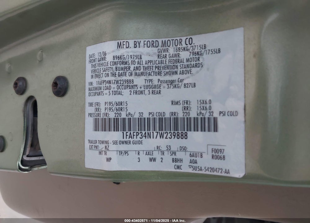 2007 FORD FOCUS S/SE/SES VIN: 1FAFP34N17W239888