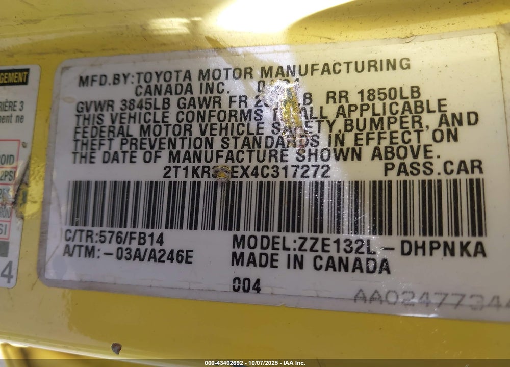 2004 TOYOTA MATRIX/XR VIN: 2T1KR32EX4C317272