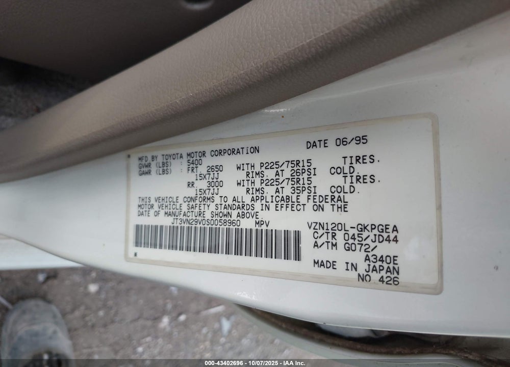1995 TOYOTA 4RUNNER VN29 SR5 VIN: JT3VN29V0S0058960