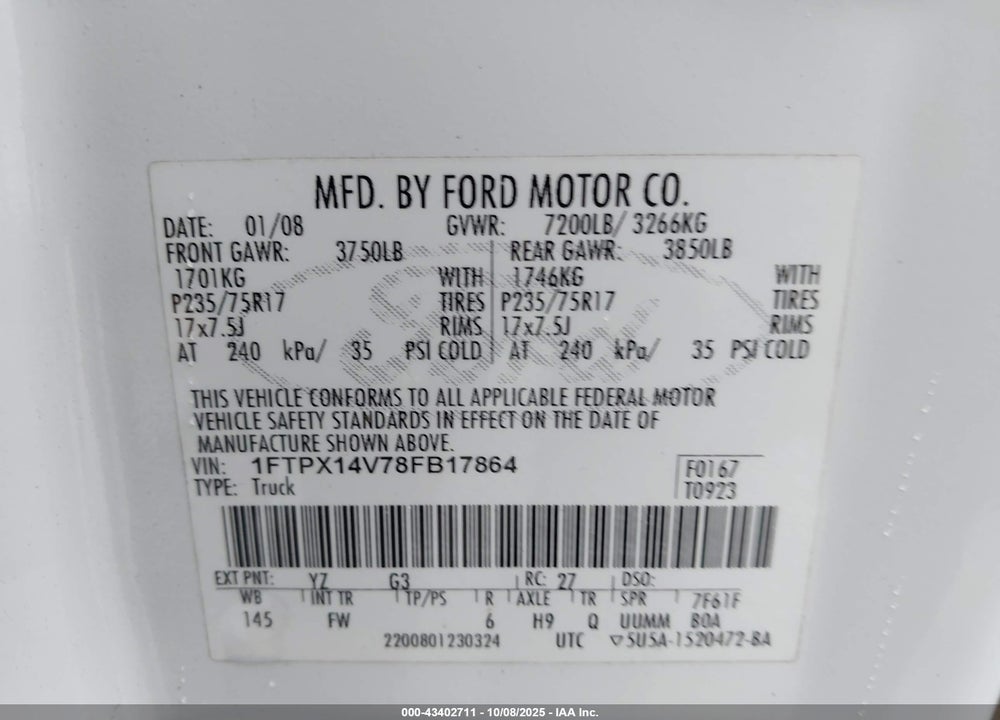 2008 FORD F150 VIN: 1FTPX14V78FB17864