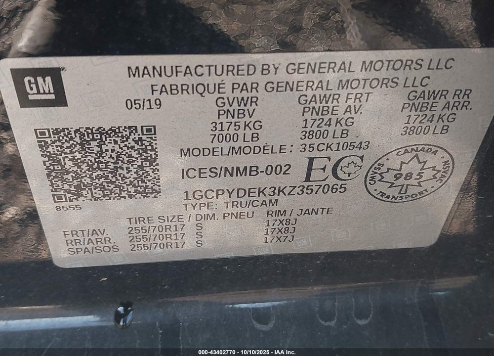 2019 CHEVROLET SILVERADO 1500 VIN: 1GCPYDEK3KZ357065