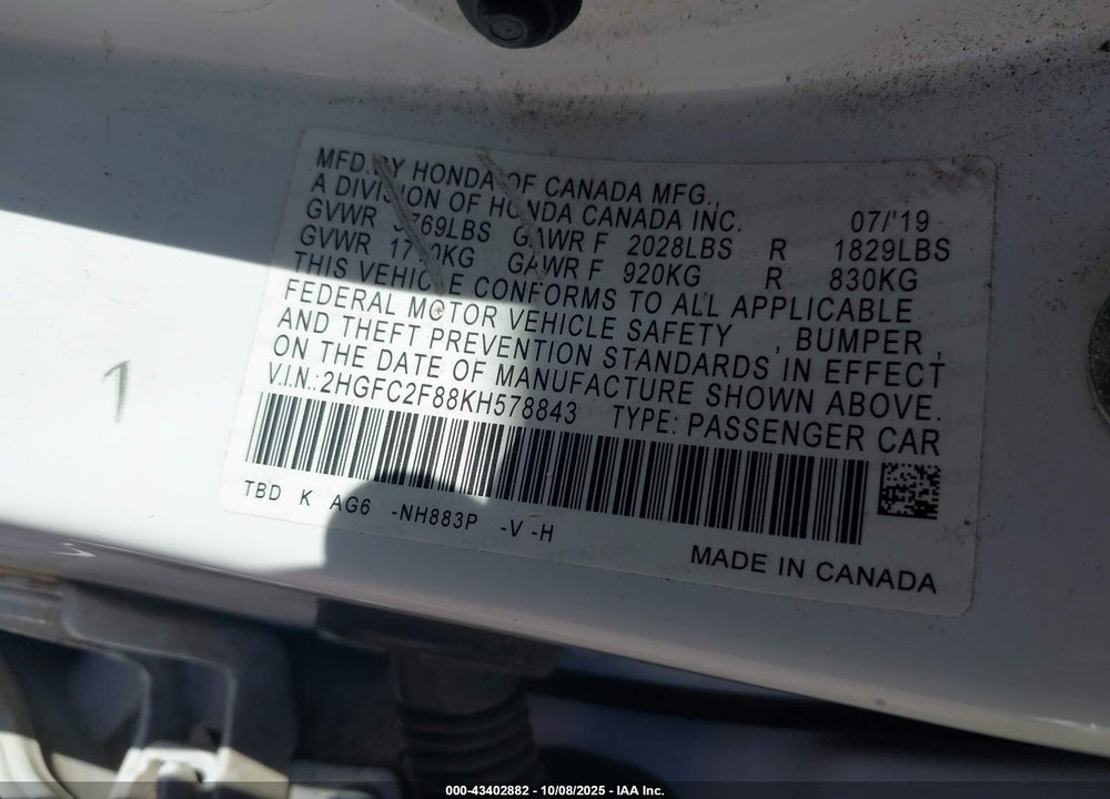 2019 HONDA CIVIC VIN: 2HGFC2F88KH578843