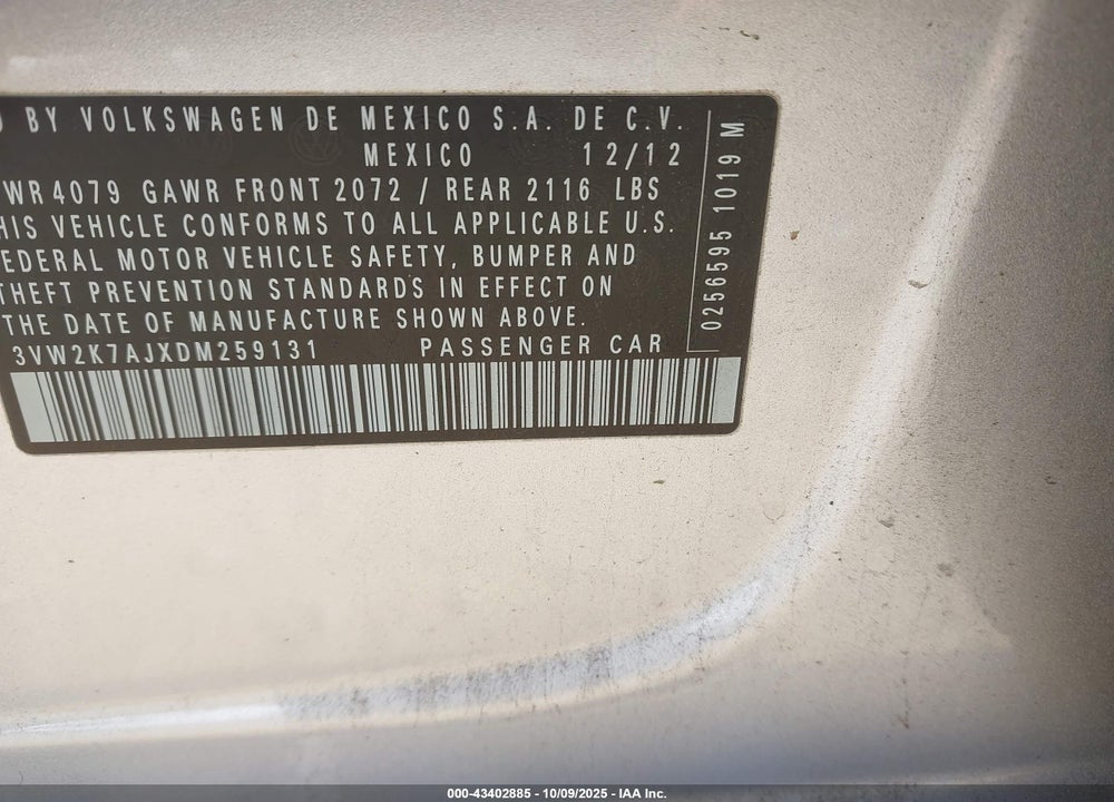 2013 VOLKSWAGEN JETTA VIN: 3VW2K7AJXDM259131