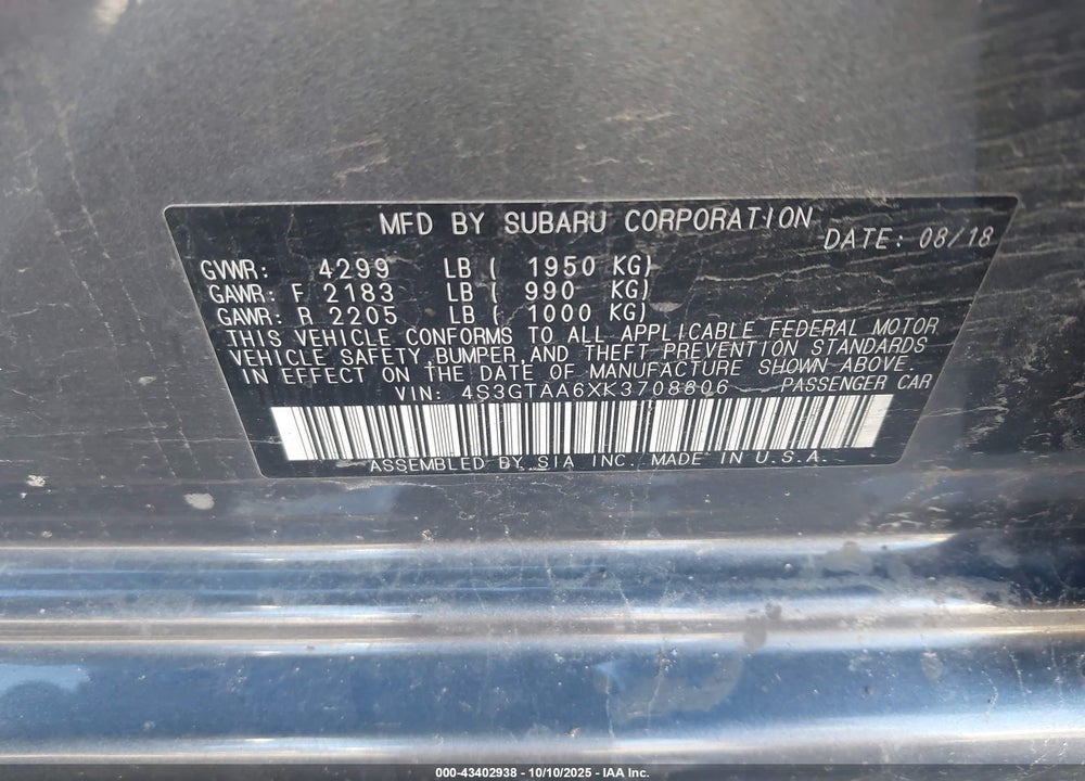 2019 SUBARU IMPREZA 2.0I VIN: 4S3GTAA6XK3708806