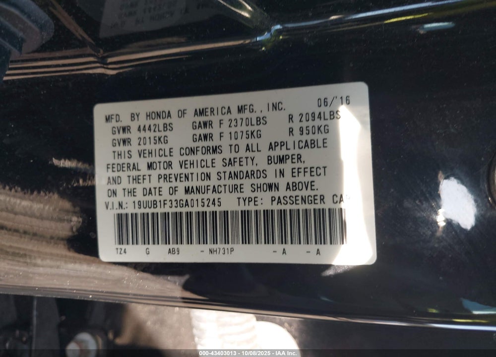 2016 ACURA TLX VIN: 19UUB1F33GA015245