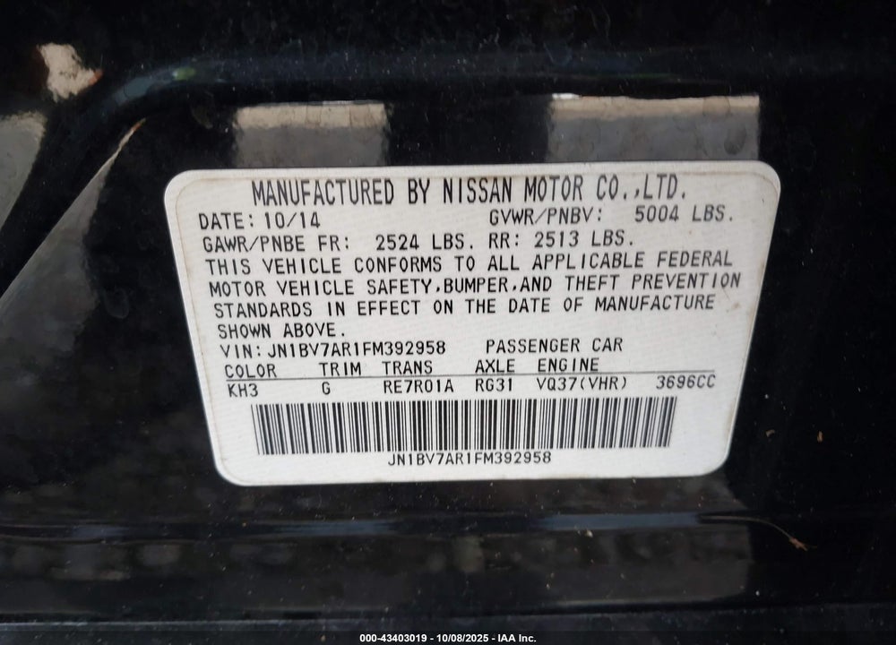 2015 INFINITI Q50 VIN: JN1BV7AR1FM392958