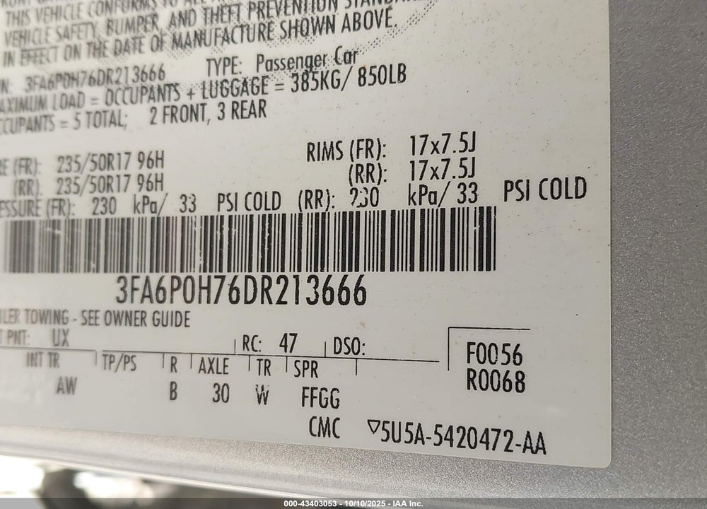 2013 FORD FUSION SE VIN: 3FA6P0H76DR213666