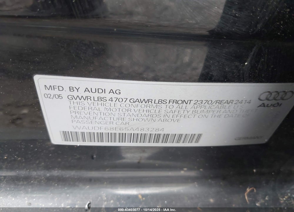2005 AUDI A4 2.0T VIN: WAUDF68E65A483284