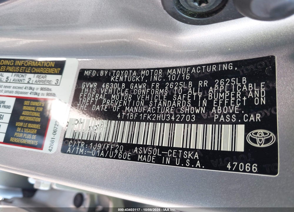 2017 TOYOTA CAMRY SE VIN: 4T1BF1FK2HU342703