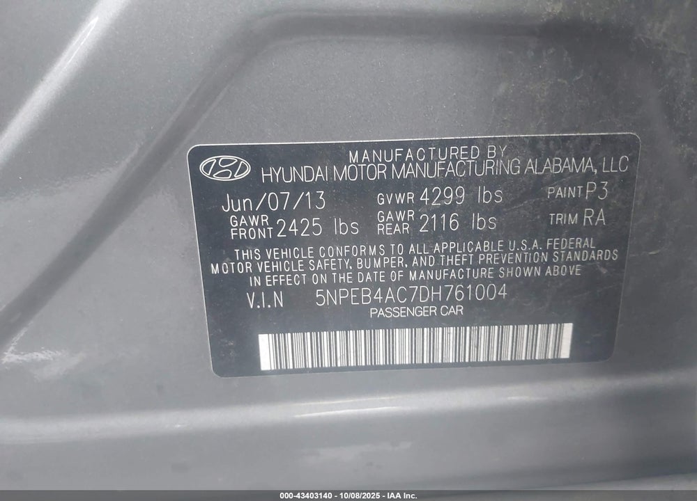 2013 HYUNDAI SONATA GLS VIN: 5NPEB4AC7DH761004