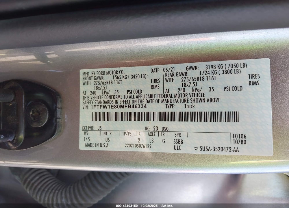 2021 FORD F-150 XLT VIN: 1FTFW1E80MFB46334