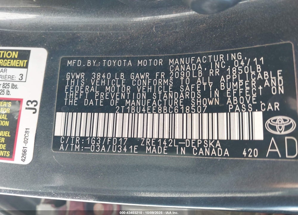 2011 TOYOTA COROLLA VIN: 2T1BU4EE8BC618507