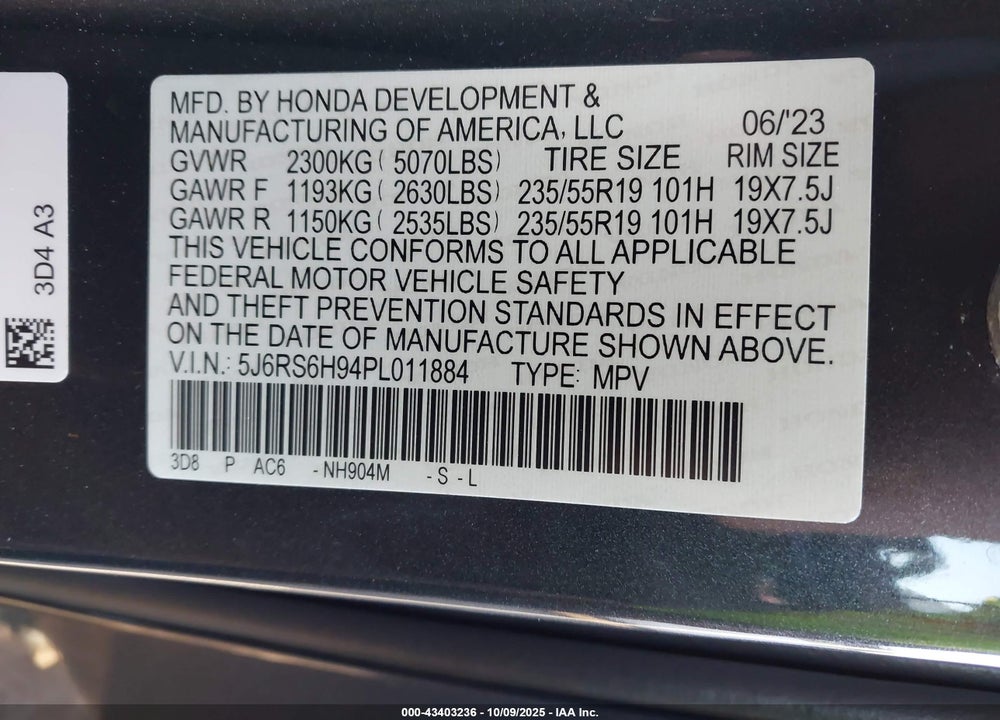 2023 HONDA CR-V VIN: 5J6RS6H94PL011884