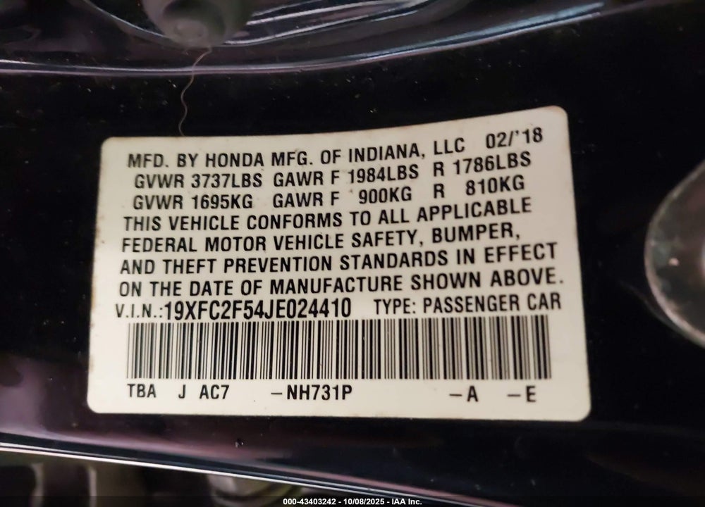 2018 HONDA CIVIC LX VIN: 19XFC2F54JE024410