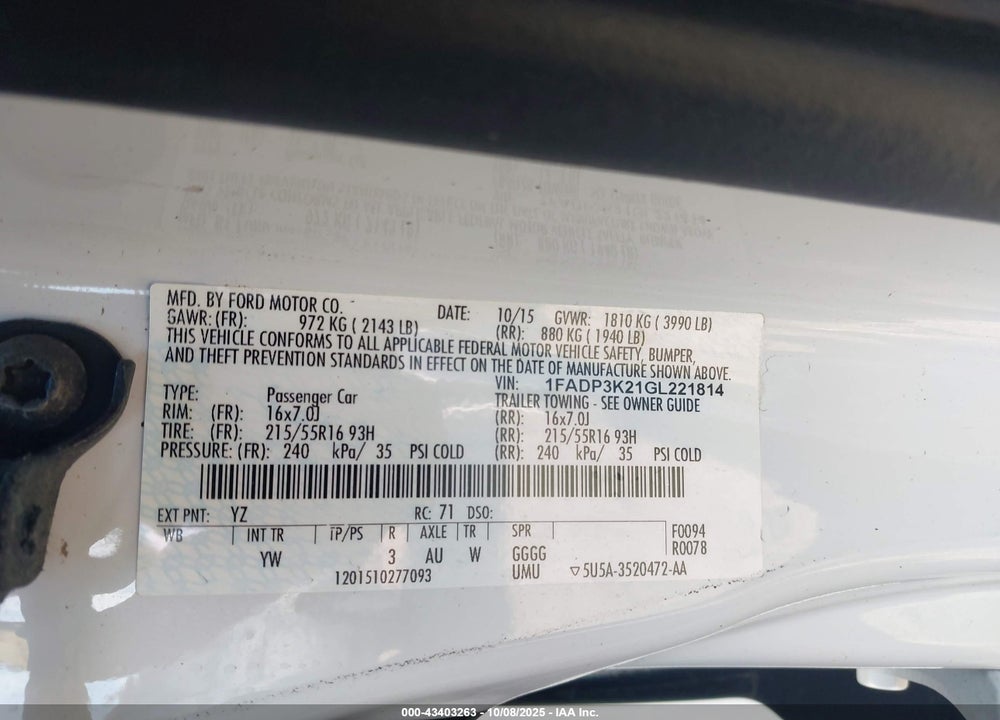 2016 FORD FOCUS SE VIN: 1FADP3K21GL221814