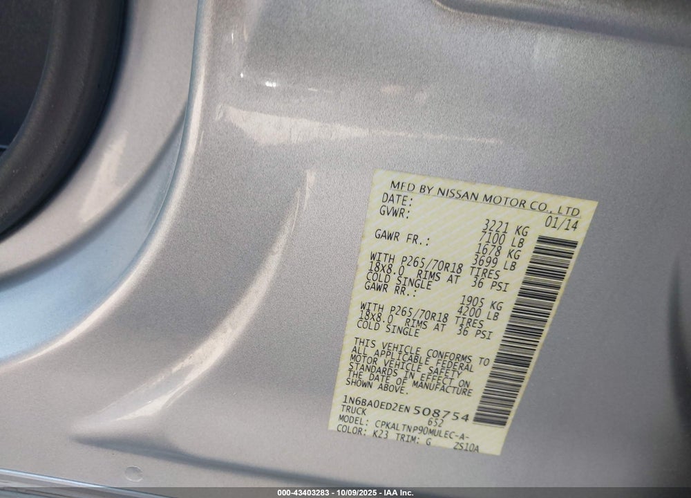 2014 NISSAN TITAN VIN: 1N6BA0ED2EN508754