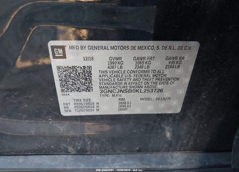 2019 CHEVROLET TRAX VIN: 3GNCJNSB0KL253726
