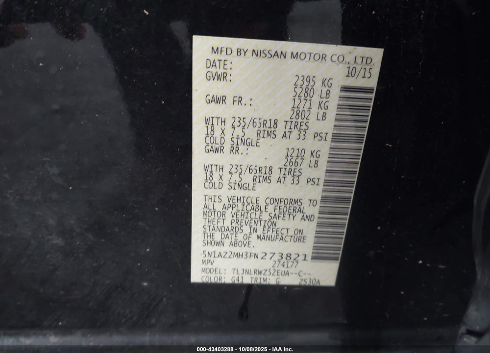 2015 NISSAN MURANO SL VIN: 5N1AZ2MH3FN273821