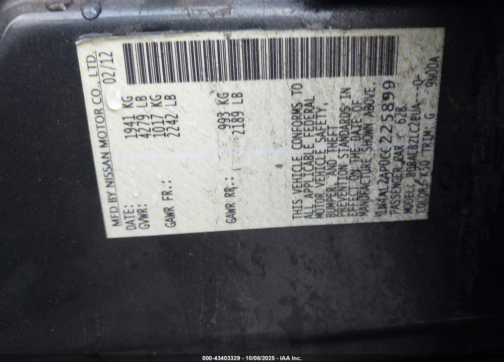 2012 NISSAN ALTIMA VIN: 1N4AL2AP0CC225899