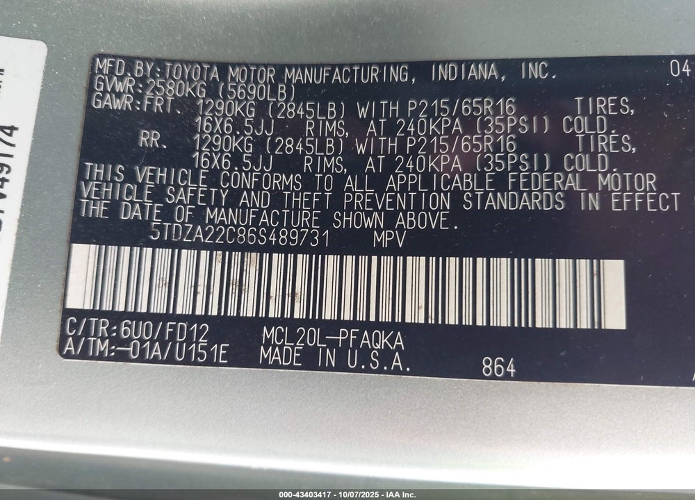 2006 TOYOTA SIENNA XLE VIN: 5TDZA22C86S489731