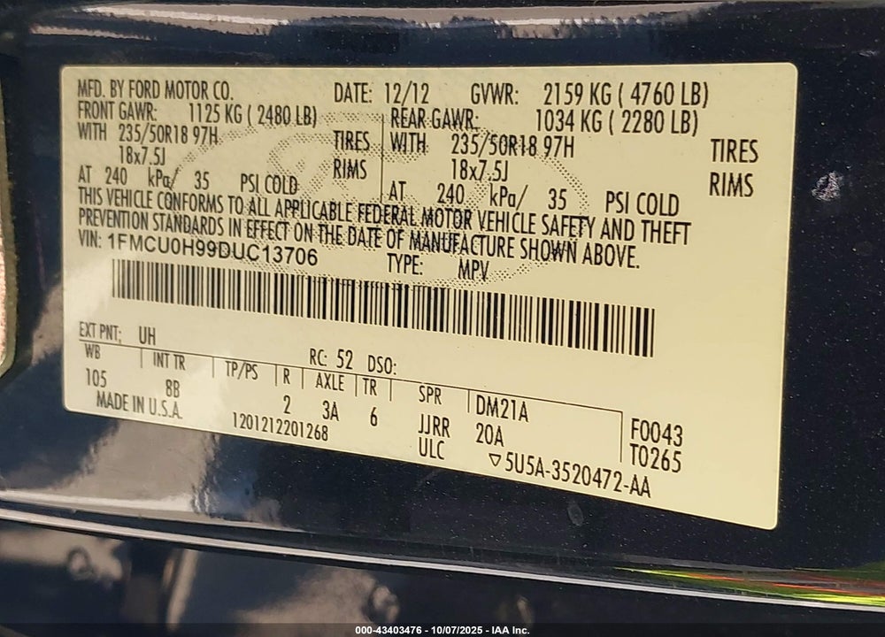2013 FORD ESCAPE VIN: 1FMCU0H99DUC13706
