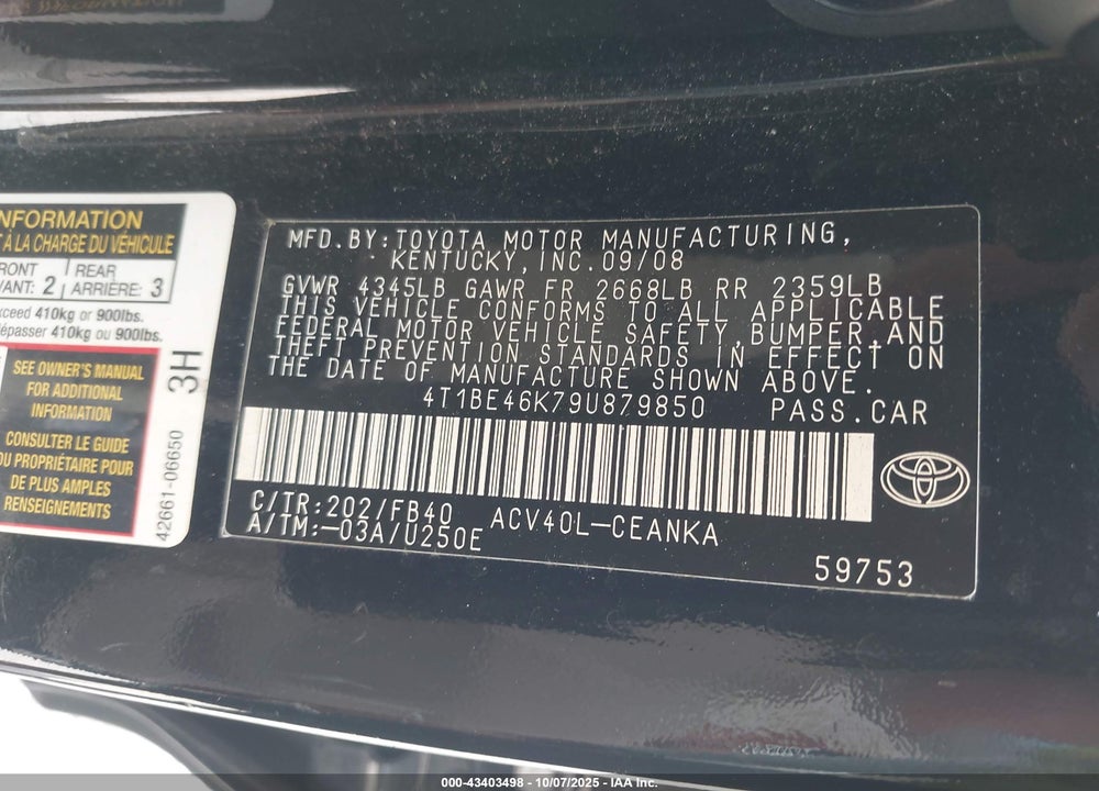 2009 TOYOTA CAMRY VIN: 4T1BE46K79U879850
