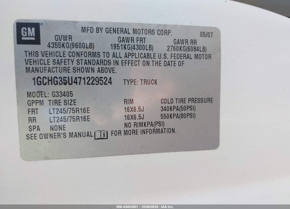 2007 CHEVROLET EXPRESS WORK VAN VIN: 1GCHG35U471229524
