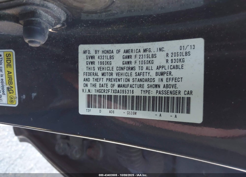 2013 HONDA ACCORD EX VIN: 1HGCR2F7XDA095316