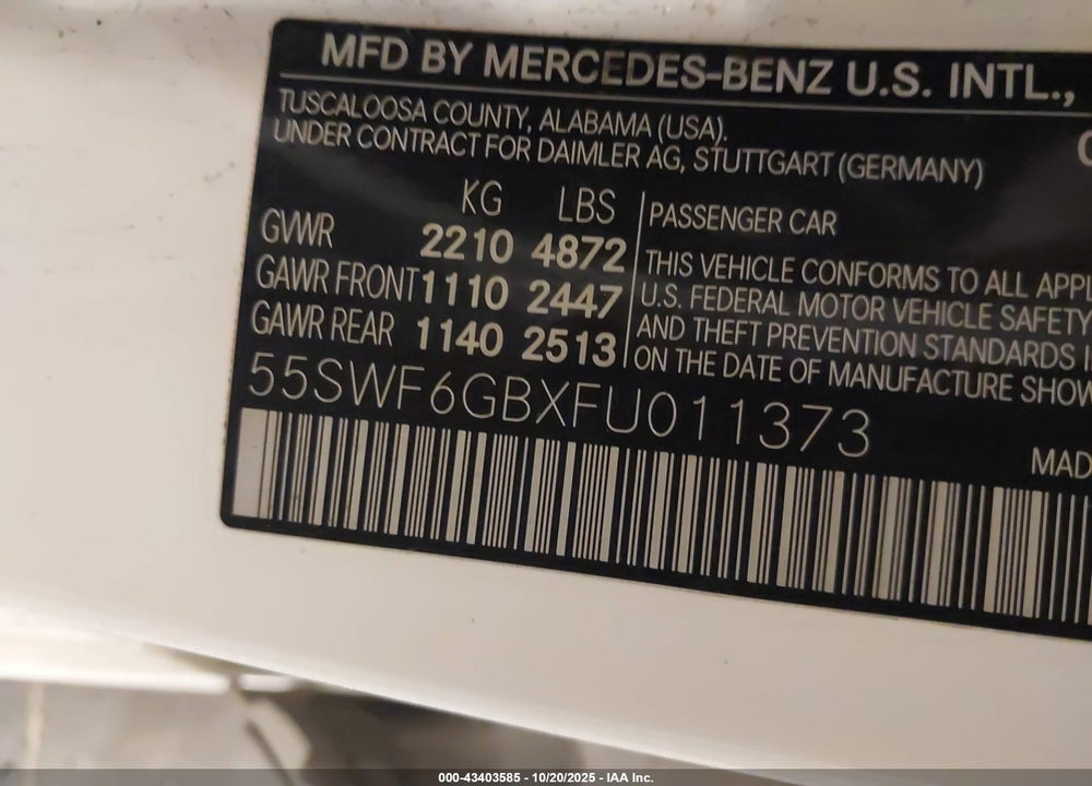 2015 MERCEDES-BENZ C CLASS VIN: 55SWF6GBXFU011373