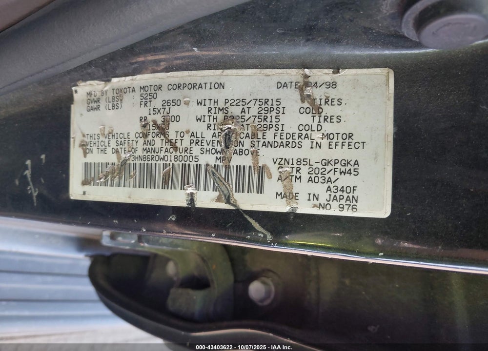 1998 TOYOTA 4RUNNER SR5 V6 VIN: JT3HN86R0W0180005