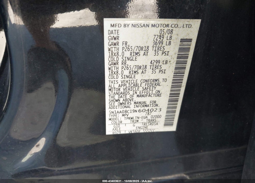2009 NISSAN ARMADA VIN: 5N1AA08C19N604023