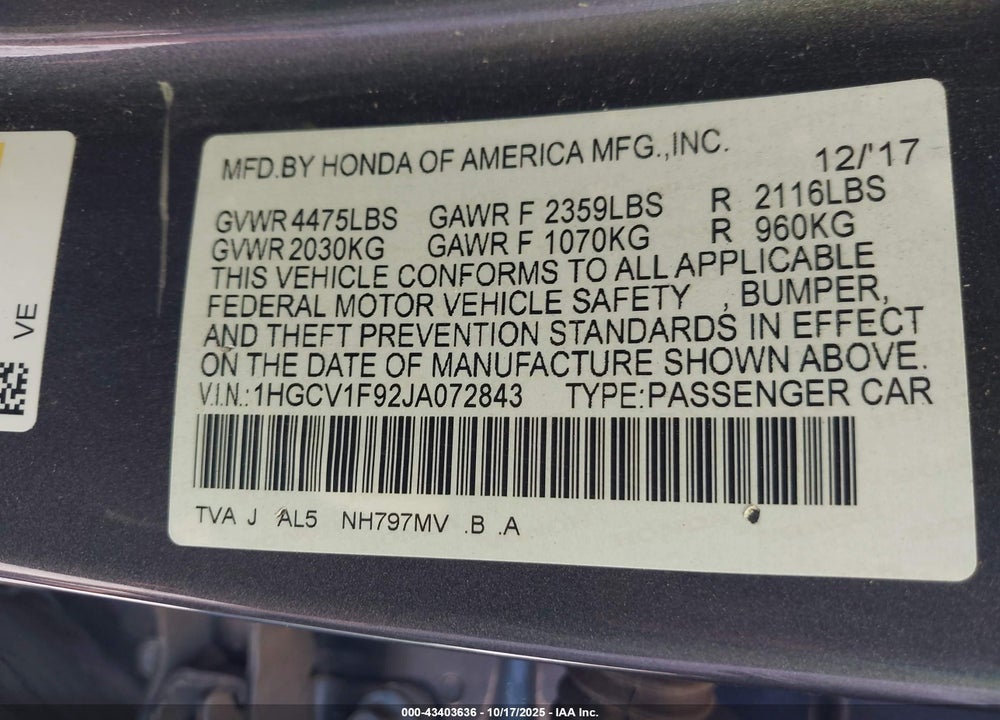 2018 HONDA ACCORD TOURING VIN: 1HGCV1F92JA072843