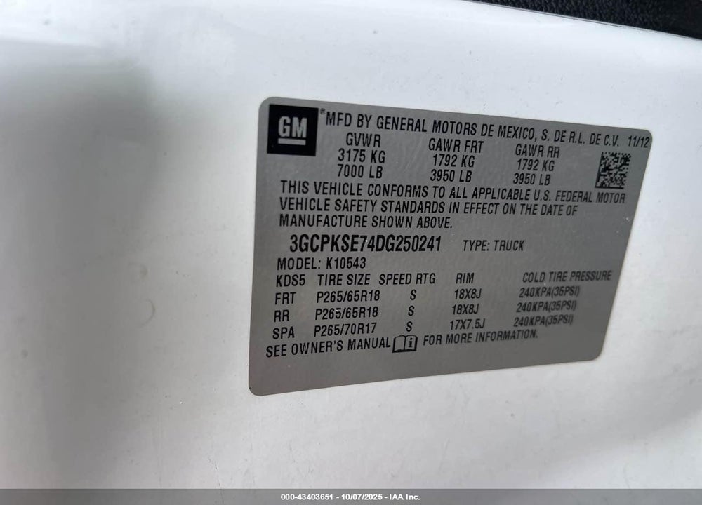 2013 CHEVROLET SILVERADO 1500 VIN: 3GCPKSE74DG250241