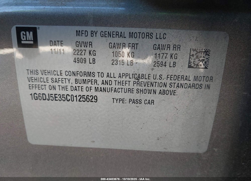 2012 CADILLAC CTS VIN: 1G6DJ5E35C0125629