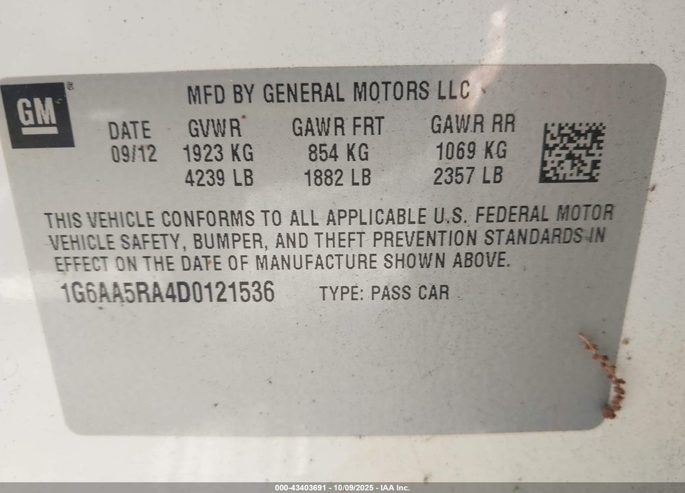 2013 CADILLAC ATS VIN: 1G6AA5RA4D0121536