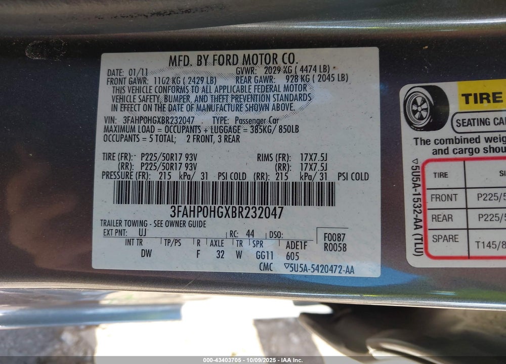 2011 FORD FUSION VIN: 3FAHP0HGXBR232047