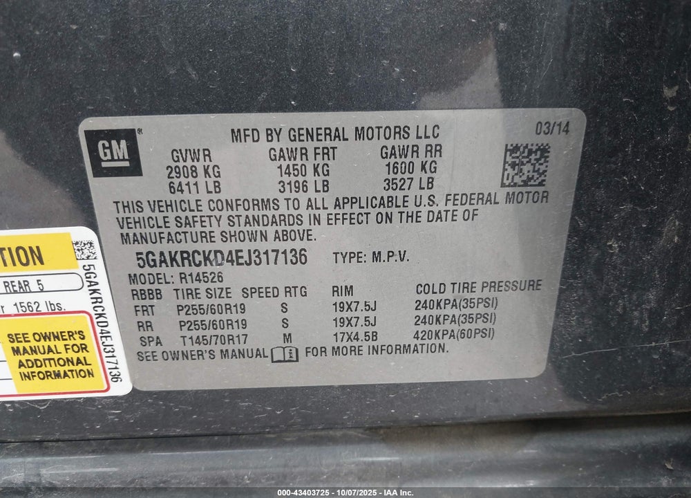 2014 BUICK ENCLAVE PREMIUM VIN: 5GAKRCKD4EJ317136