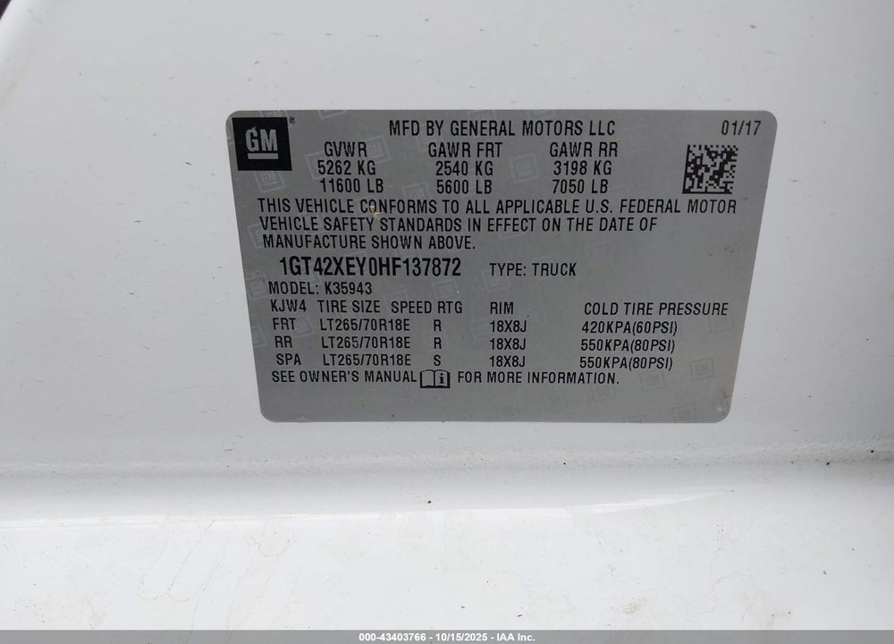 2017 GMC SIERRA 3500HD SLT VIN: 1GT42XEY0HF137872