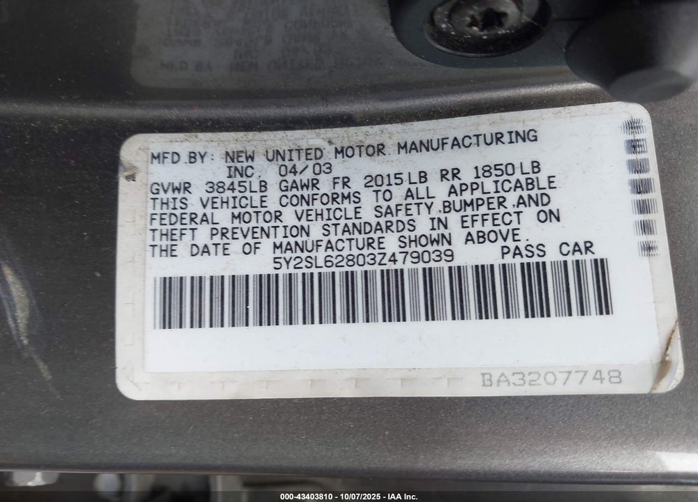 2003 PONTIAC VIBE VIN: 5Y2SL62803Z479039
