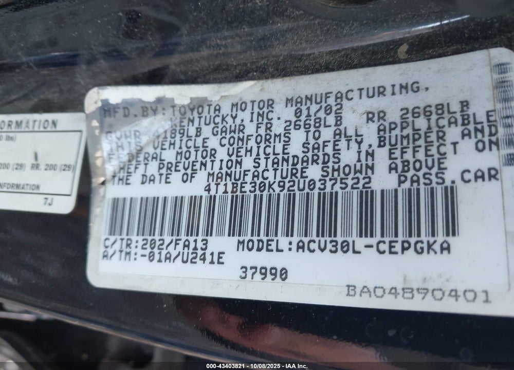 2002 TOYOTA CAMRY XLE VIN: 4T1BE30K92U037522