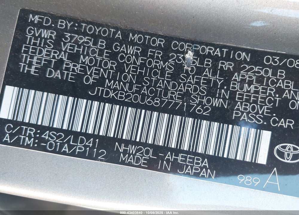 2008 TOYOTA PRIUS VIN: JTDKB20U687771762