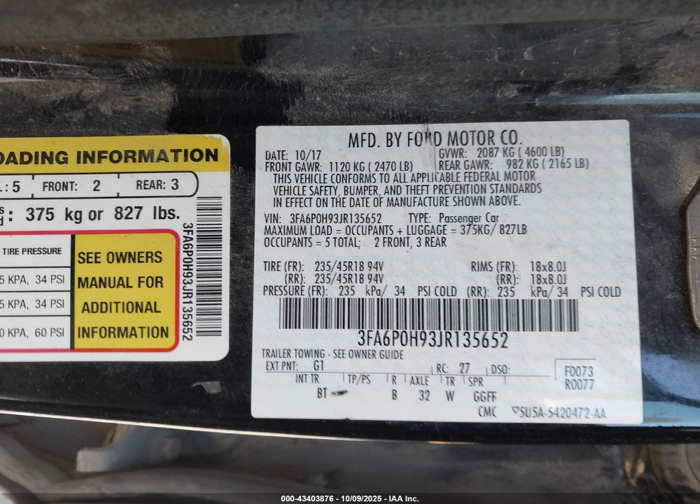 2018 FORD FUSION VIN: 3FA6P0H93JR135652