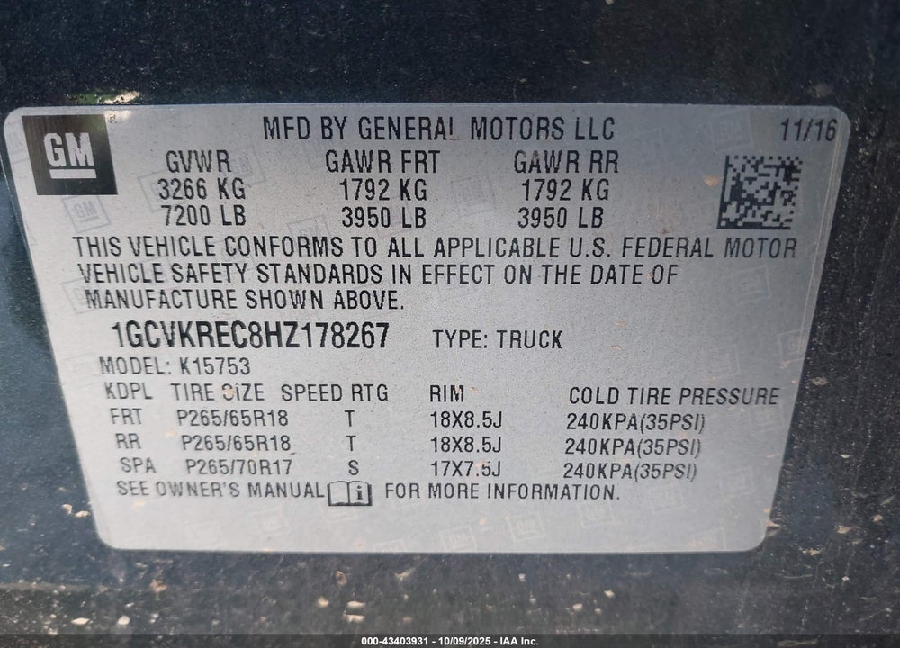 2017 CHEVROLET SILVERADO 1500 VIN: 1GCVKREC8HZ178267