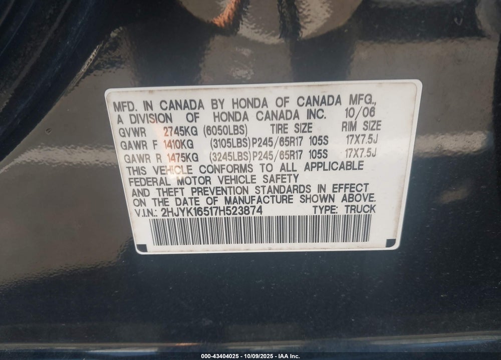 2007 HONDA RIDGELINE RTL VIN: 2HJYK16517H523874