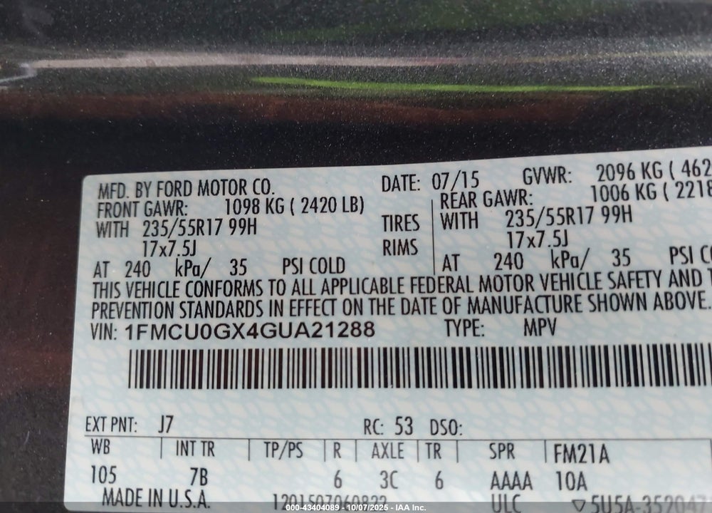 2016 FORD ESCAPE VIN: 1FMCU0GX4GUA21288