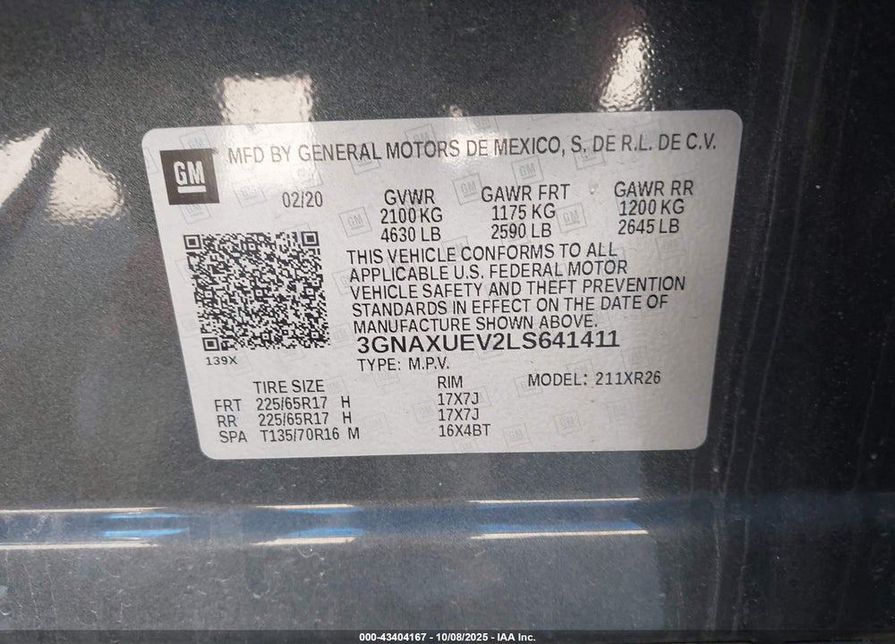 2020 CHEVROLET EQUINOX AWD LT 1.5L TURBO VIN: 3GNAXUEV2LS641411