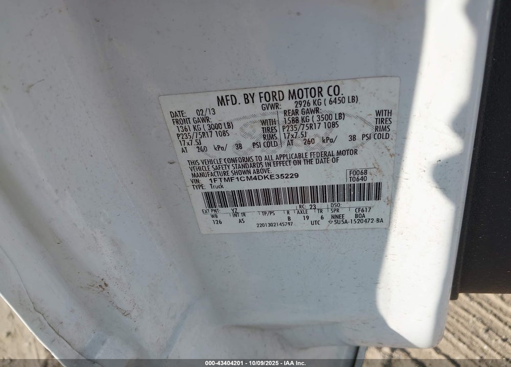 2013 FORD F-150 XL VIN: 1FTMF1CM4DKE35229