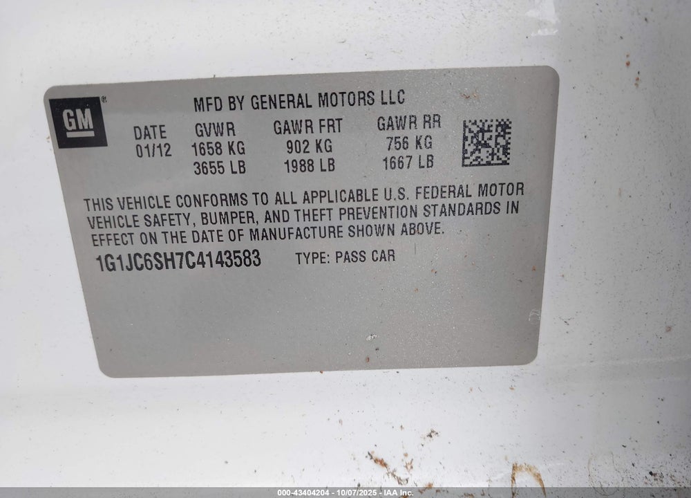 2012 CHEVROLET SONIC 2LT VIN: 1G1JC6SH7C4143583